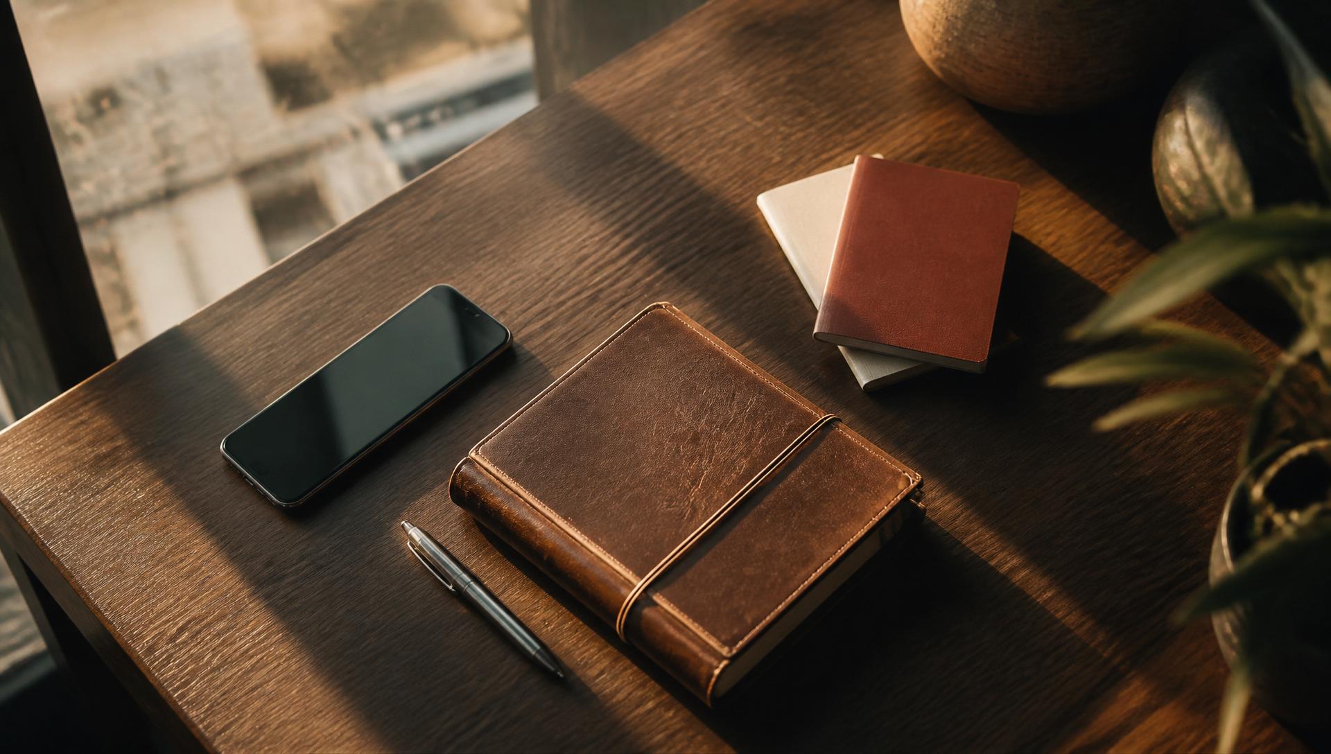 A leather notebook, pen, phone, and small books on a warm walnut desk with golden-hour light